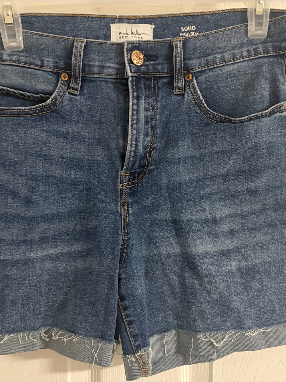 Nicole Miller Blue Denim High-Rise Jean Shorts with Frayed Hem